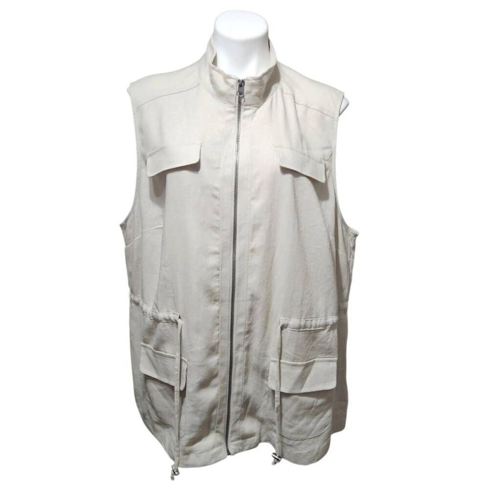 CJ Banks‎ linen blend vest cinch waist pockets natural cream zip front 1x new